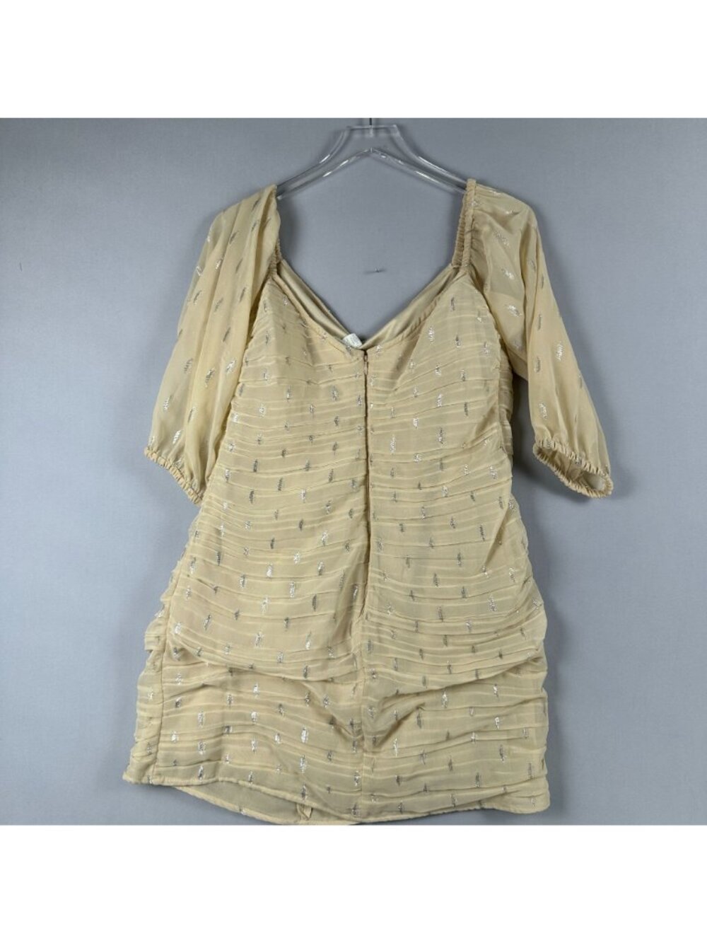 H&M Mini Dress Size Large Beige Ruched Metallic Chiffon V Neck Puff Sleeves - Picture 5 of 14